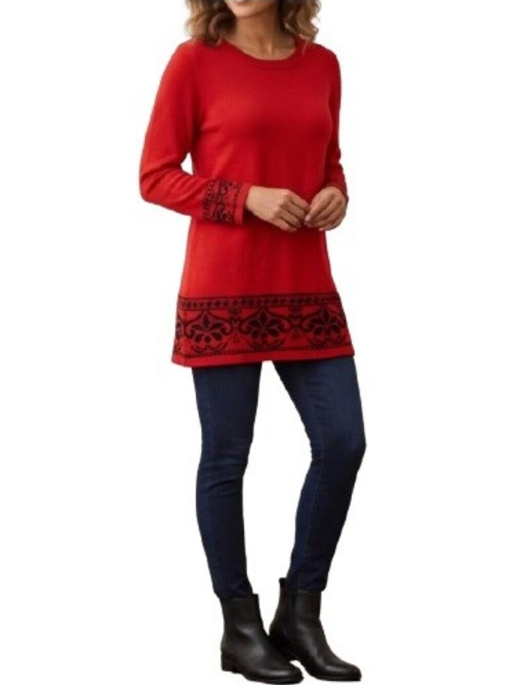 Kim Rogers Petite Red Pullover Tunic Sweater Black Print Damask Hem